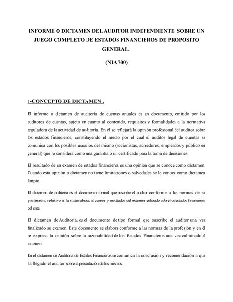 Dictamen Del Auditor Independiente Informe O Dictamen Del Auditor