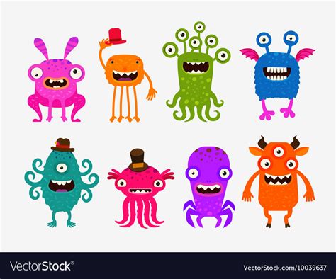 Fun Cute Cartoon Monsters Set Icons Royalty Free Vector