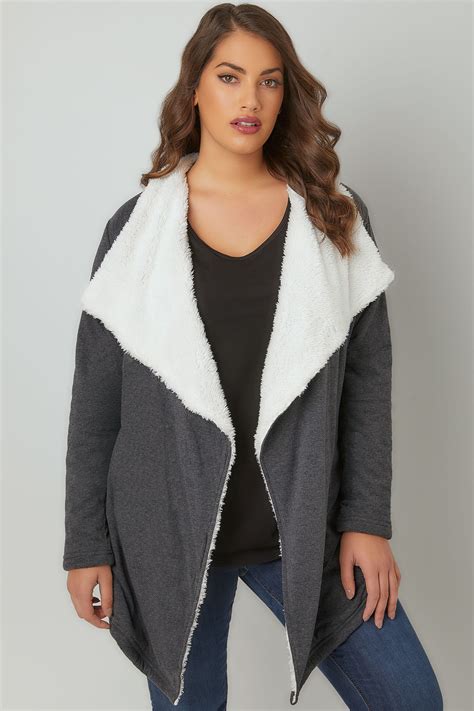 Grey Longline Waterfall Fleece Cardigan Plus Size 16 To 36