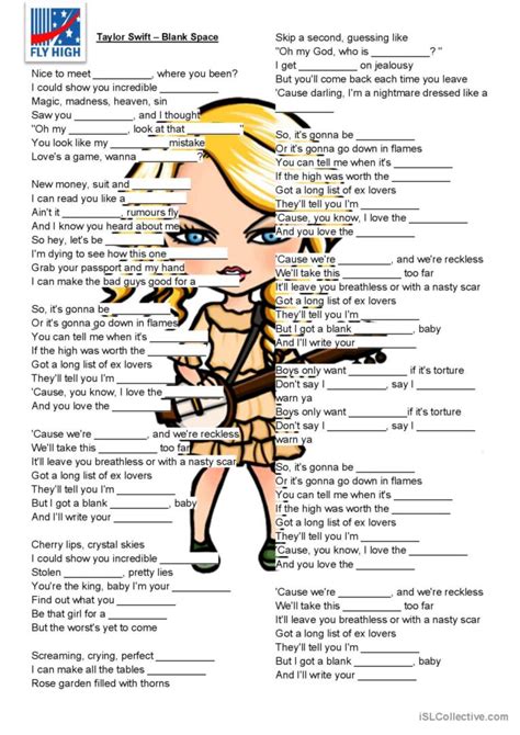 Taylor Swift Blank Space Song And English Esl Worksheets Pdf And Doc