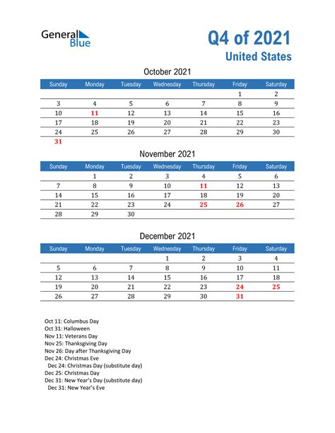 Q4 2021 Quarterly Calendar With United States Holidays