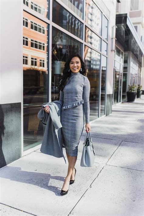 Gray Check Midi Dress With High Neckline Grey Dress Outfit Winter