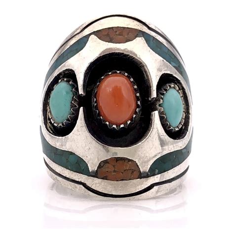 Lot RICHARD BEGAY NAVAJO STERLING SILVER TURQUOISE CORAL RING