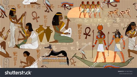 Ancient Egypt Frescoes Horizontal Seamless Pattern เวกเตอร์สต็อก ปลอดค่าลิขสิทธิ์ 1613621803