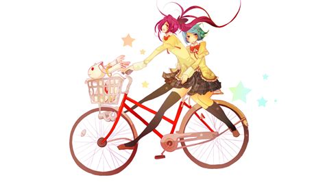 two female anime character riding red commuter bike illustration hd wallpaper wallpaper flare