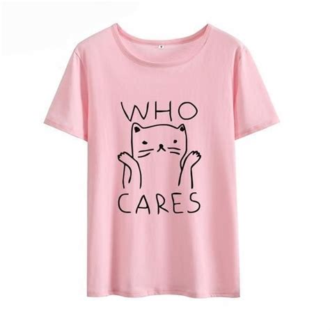 Cute Cat Who Cares Womens Print T Shirt Vintage Tee Shirts Graphic