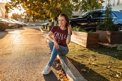 wallpaper t shirt jeans sunset portrait women outdoors smiling sitting sneakers depth