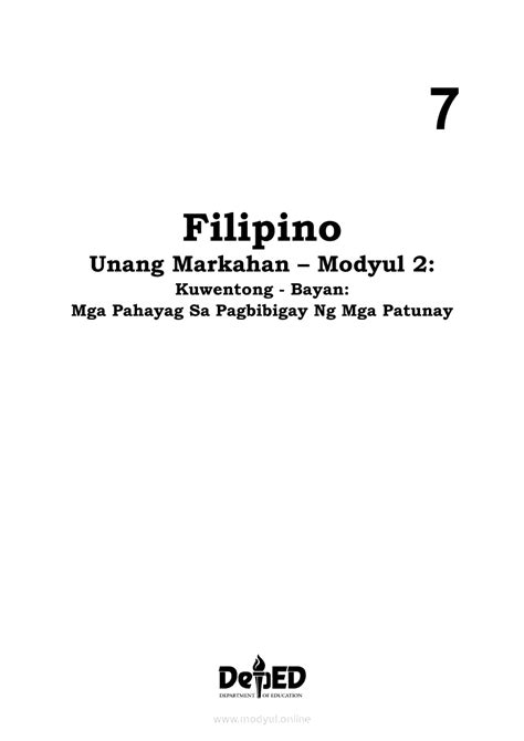 Filipino 7 Modyul 2 Kuwentong Bayan Mga Pahayag Sa Pagbibigay Ng Gambaran