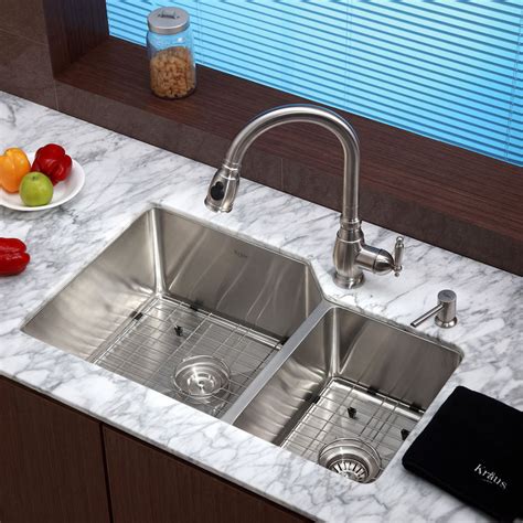 Undermount kitchen sinks are making a huge comeback because of the elegance and aesthetically pleasing looks they give off. View 4 of Kraus KHU123-32-KPF2150-SD20 Kraus KHU123-32 ...