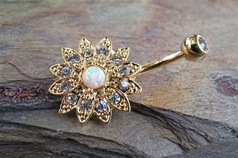 Sparkly White Fire Opal Flower Gold Belly Button Ring Belly Button