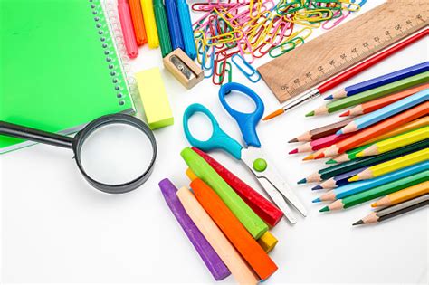 School Office Equipment Colorful Stationery On The White Background