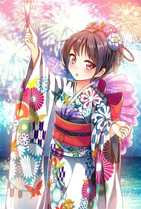 An Anime Character Holding A Cell Phone In Her Hand With Fireworks In