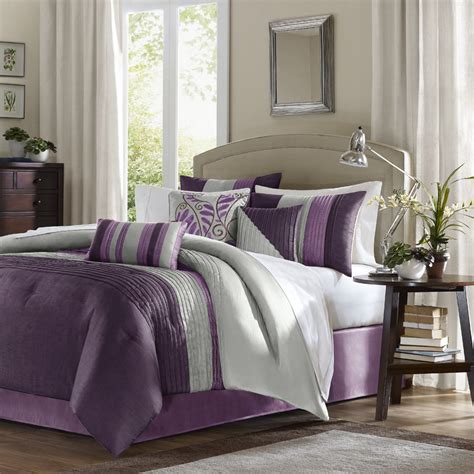 7pc Purple And Grey Striped Comforter Set And Decorative Pillows Amherst