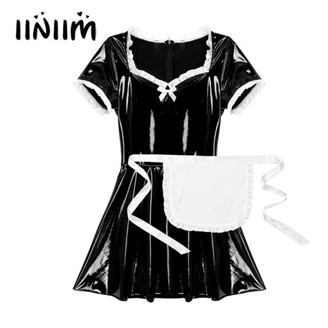 Mens Male Sissy French Maid Cosplay Sexy Costumes Short Puff Sleeve Patent Leather Dress With