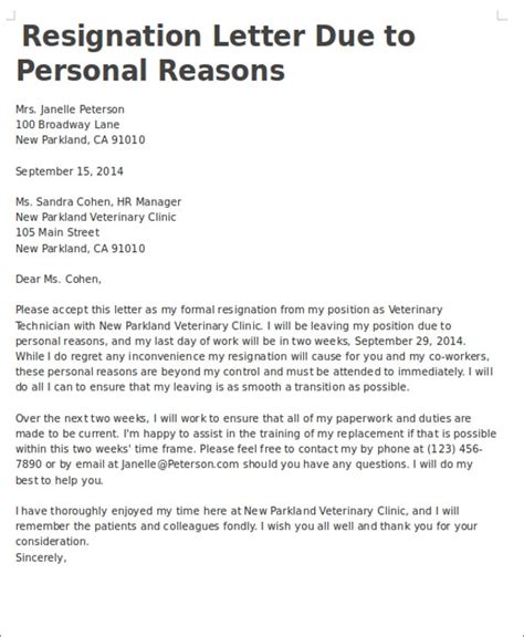 7 Personal Reasons Resignation Letters Free Sample Example Format