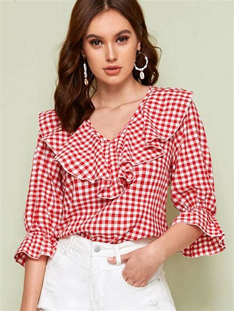 Shein V Neck Ruffle Trim Gingham Top Gingham Tops Blouse Designs