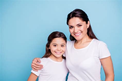 Close Up Photo Amazing Pretty Two People Brown Haired Mum Small Little Daughter Stand Hugging