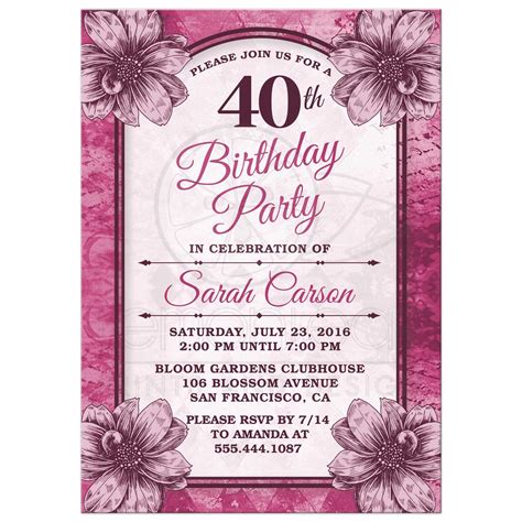 40th Birthday Party Invitations Fuchsia Flowers