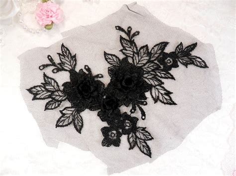3d Embroidered Lace Applique Black Floral Venice Lace Patch