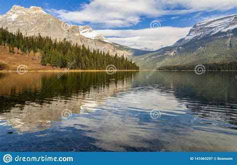 Emerald Lake With Rocky Mountain Reflection In Yoho National Park