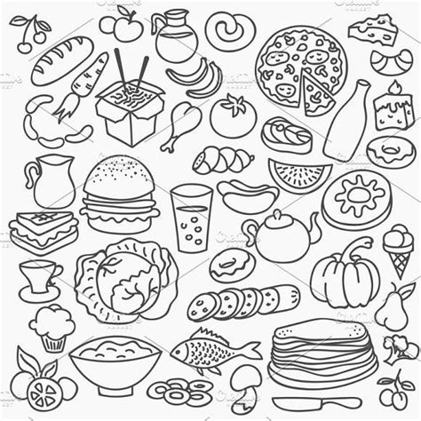 A Black And White Drawing Of Various Food Items