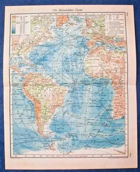 Antique 1931 Atlantic Ocean Atlantischer Geographic Map Original
