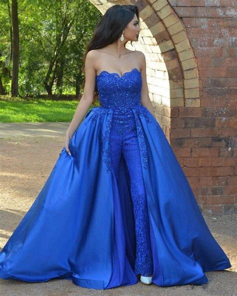 Royal Blue Jumpsuits With Train Lace Prom Dresses Beaded Overskirt