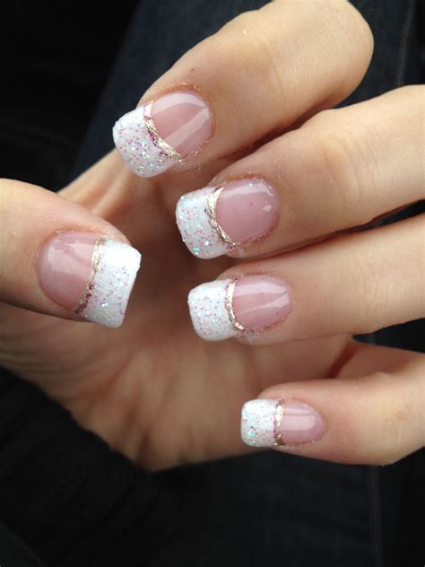 Newest Gel Nails White Glitter French Manicure With Champagne Line