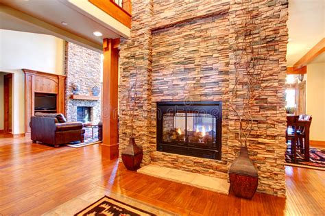 Luxury House Interior Stone Wall With Fireplace Stock Image Image Of