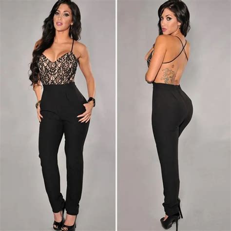 Sexy Women Backless Slim Jumpsuit V Neck Elastic Romper Lace Top Cross