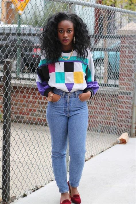 80s Hip Hop Fashion Young Black Girl With Mid Length Curly Hair Wearing Jumper With Colorful