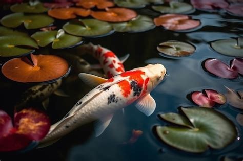 Premium Ai Image Koi Fish Swimming In A Pond With Lily Pads On The Water