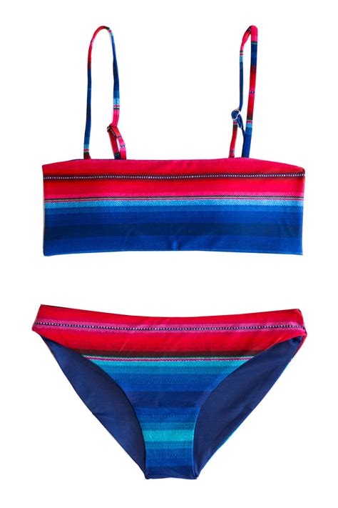 Blue Red Striped 2 Piece Girls Bikini Set With Bandeau Top Beachwear