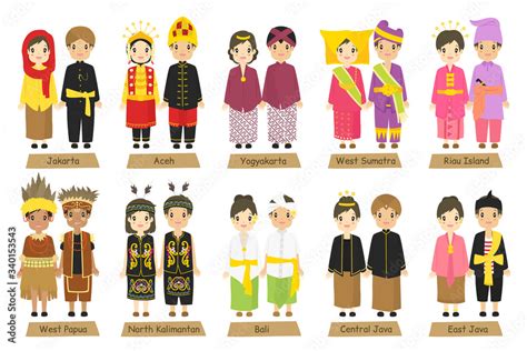 vetor de indonesian couples wearing indonesian traditional clothes cartoon vector collection