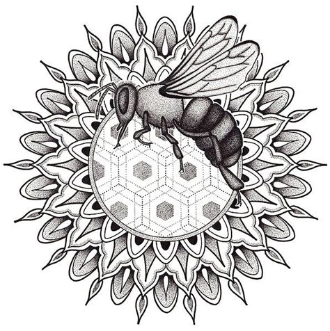 A Flying Honeybee In A Pen And Ink Dotwork Mandala Drwan By Hand With
