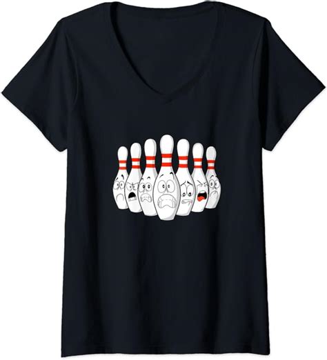 Womens Cartoon Bowling Funny Scared Bowling Pins V Neck T Shirt Clothing Shoes