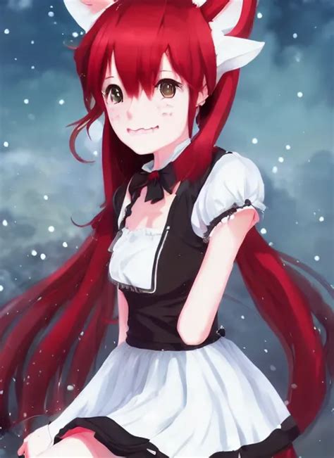 Anime Girl With Cat Ears With Red Hair Wearing A Maid Stable Diffusion