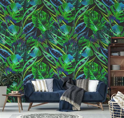 Green Jungle Wallpaper Peel And Stick Wall Mural Temporary Etsy Tropical Wallpaper