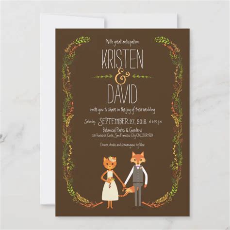 Whimsical Woodland Cat And Fox Couple Wedding Invitation Zazzle