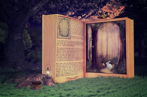 Magical Open Storybook In The Forest Book Is Leading Into A Magical