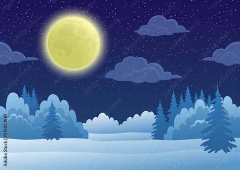 Cartoon Background Night Landscape With Snow Winter Forest Starry Sky