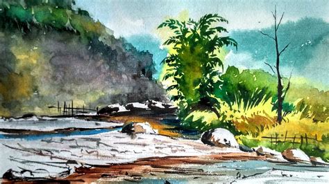 Mountain River Watercolor Landscape Painting Paint With