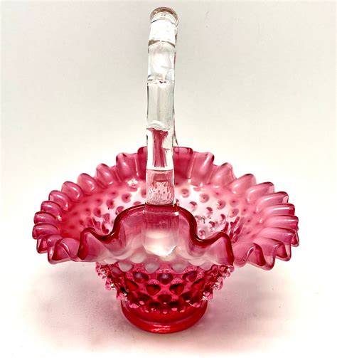 Fenton Cranberry Basket Hobnail Opalescent Glass Vintage Etsy