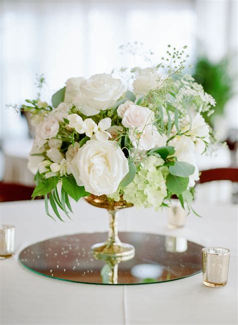 White Rose And Hydrangea Centerpieces On Mirror Pedestals Hydrangea