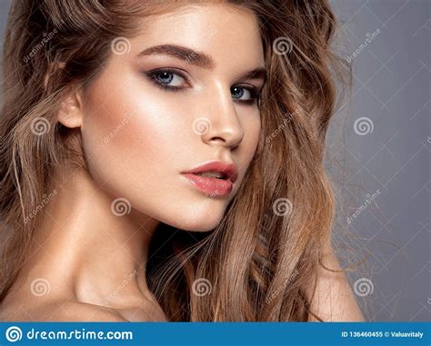 Young Brown Haired Woman With Long Curly Hair Stock Image Image Of Copy Elegant 136460455