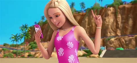 A Woman In A Pink Swimsuit Is Holding A Cell Phone And Pointing At It