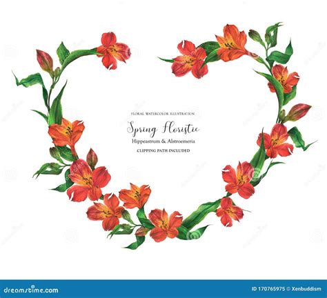 Romantic Heart Shape Wreath With Red Flowers Stock Illustration
