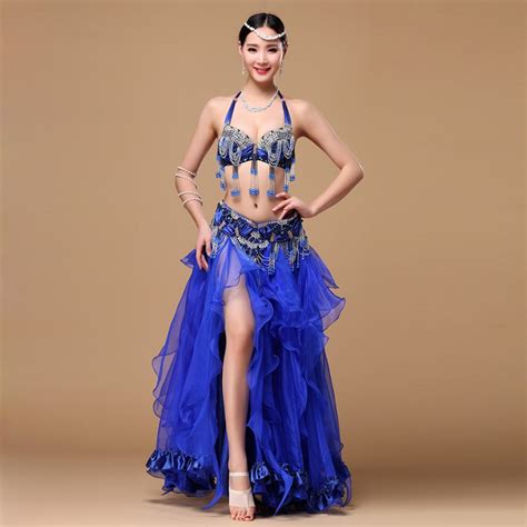 2019 new women dancewear professional 3pcs outfit plus size cup c d bra belt skirt long oriental