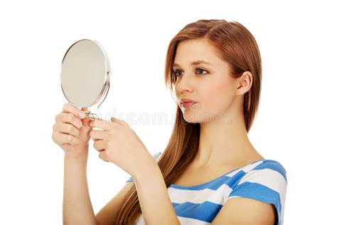 Teenage Beautiful Woman Looking In A Mirror Stock Photo Image Of