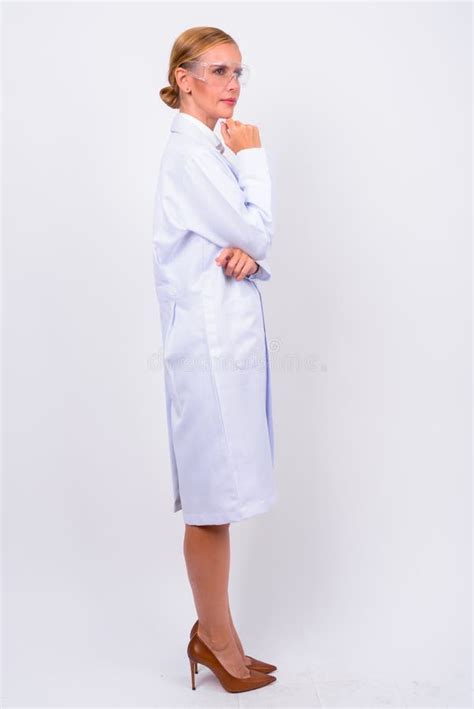 Full Body Shot Of Blonde Woman Doctor As Scientist Stock Image Image